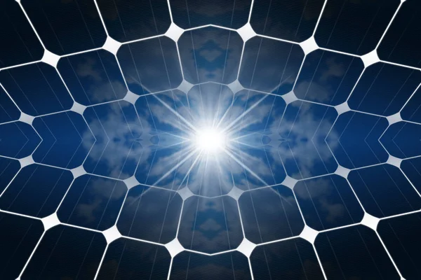 Illustrazione Dei Pannelli Solari Pannelli Fotovoltaici Con Riflesso Cielo Blu — Foto Stock
