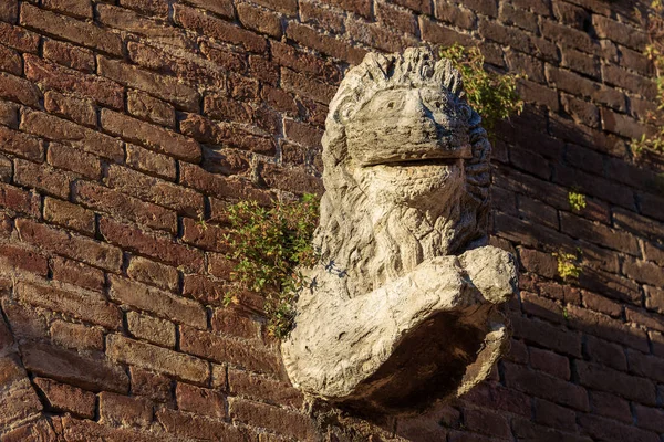 Starověké Socha Kamenného Lva Cihlovou Zeď Fontebranda Středověká Fontána Siena — Stock fotografie