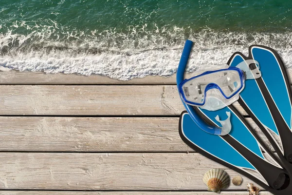 Fondo Vacaciones Mar Océano Con Olas Paseo Marítimo Madera Con — Foto de Stock