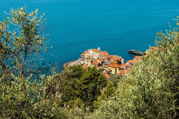 Letecký Pohled Starobylé Malou Obec Tellaro Poblíž Lerici Zálivu Spezia — Stock fotografie