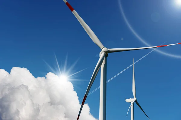 Two Wind Turbines Blue Sky Clouds Sun Rays Renewable Energy — Stock Photo, Image