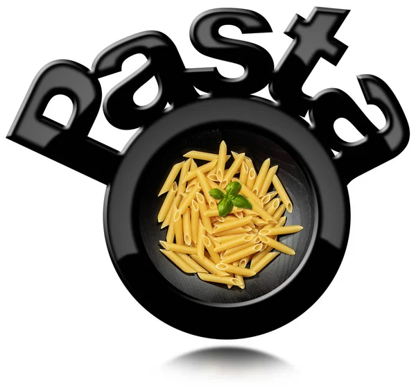 圆形和黑色的符号与意大利面食称为彭内在一个木制的碗 隔离在白色背景上 — 图库照片