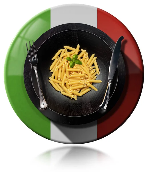 Symbole Rond Avec Plat Pâtes Italiennes Appelé Penne Macaroni Drapeau — Photo