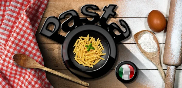 Black Symbol Italian Pasta Called Penne Flag Wooden Bowl Table — Stock Photo, Image