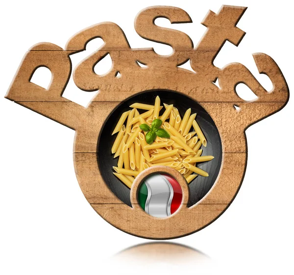 Круглый Деревянный Символ Итальянской Пастой Названием Пенне Флагом Миске Изолированный — стоковое фото