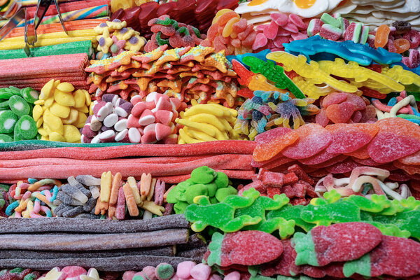 Close-up of a stand of sweet gummy candies, Barcelona, Spai