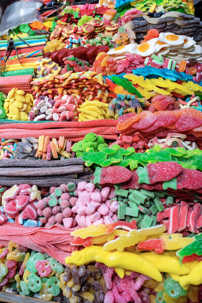 Close-up of a stand of sweet gummy candies