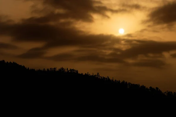 Zwart silhouet van een bos in de bergen bij Dawn — Stockfoto