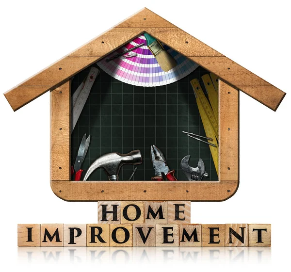 Metin Evi Geliştirme, ahşap bloklardan yapılmış ve ahşap çerçeveli House şeklinde bir karatahta, DIY çalışma araçları ve kopyalama alanı. Beyaz arkaplanda izole