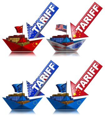 ABD, Çin ve Avrupa Birliği Ticaret Savaşı Konsepti. Ulusal bayraklı dört kargo gemisi ve Tariff yazılı oklar. Beyaz arkaplanda izole edilmiş, 3 boyutlu illüstrasyon ve fotoğrafçılık
