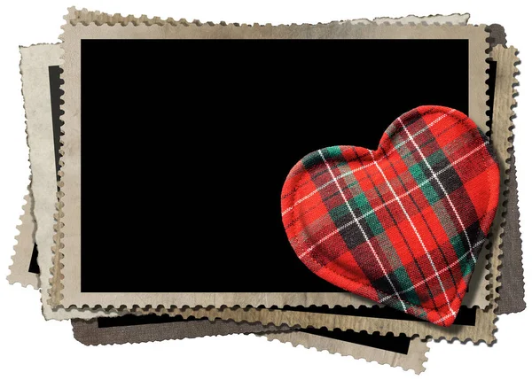 Κλείσιμο Υφασμάτινου Σχήματος Καρδιάς Μια Στοίβα Από Vintage Άδεια Πλαίσια — Φωτογραφία Αρχείου