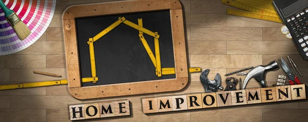 Text Home Verbesserung Aus Holzklötzen Arbeitswerkzeug Tafel Mit Zollstock Form — Stockfoto