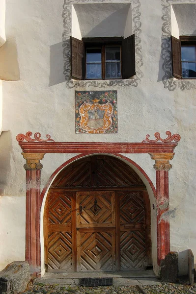 Großaufnahme Eines Alten Hauses Mit Fresken Alten Dorf Guarda Gemeinde — Stockfoto