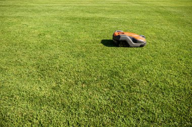 Automatic orange and grey lawn mower robot moves on the green grass, side view, photograph clipart