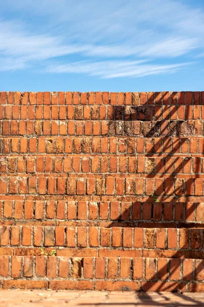 Closeup Old Staircase Made Red Orange Bricks Blue Sky Clouds — Stock Photo, Image