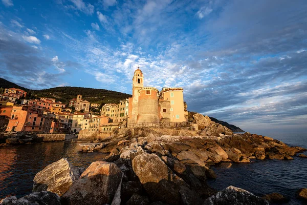 Das Antike Dorf Tellaro Bei Sonnenuntergang Gemeinde Lerici Golf Von — Stockfoto