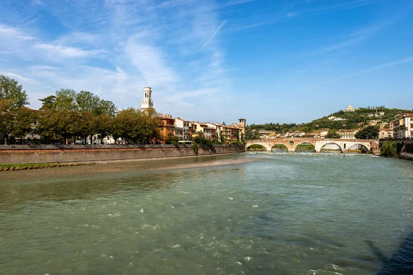 Verona Cityscape River Adige Ponte Pietra Stone Bridge Century Bell — Stock Photo, Image