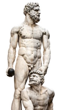 Herkül ve Kaküs 'ün mermer heykeli, Baccio Bandinelli (1493-1560), Piazza della Signoria, Florence, Toskana, İtalya, Avrupa tarafından beyaz zemin üzerinde izole edilmiştir..