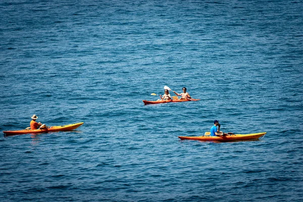 Tellaro Italy July 2020 Four People Kayaks Paddling Blue Mediterranean — Stock Photo, Image
