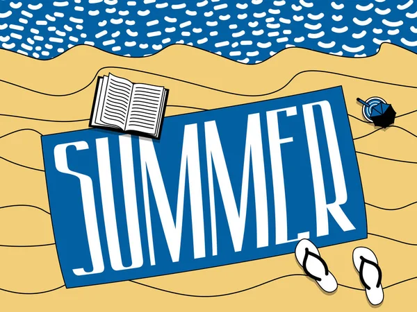 Summer Inscription Beach Sea Summer Poster Sand Sea Book Shale — Stockvector