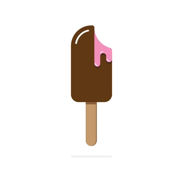 Ice cream on stick chocolate icing pink stuffing bitten vector illustration cartoon style — Stock Vector