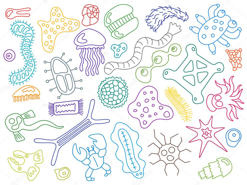 Various microorganisms on white background pattern. Backdrop with infectious germs, protists, microbes, disease causing bacteria, viruses. Biodiversity plankton. Colorful vector illustration for wallp