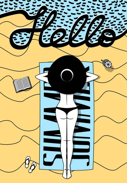 Hallo zomer. Slanke mooie vrouw in hoed liggend op een handdoek op zand strand door zee. Poster moderne platte pop-art stijl — Stockvector