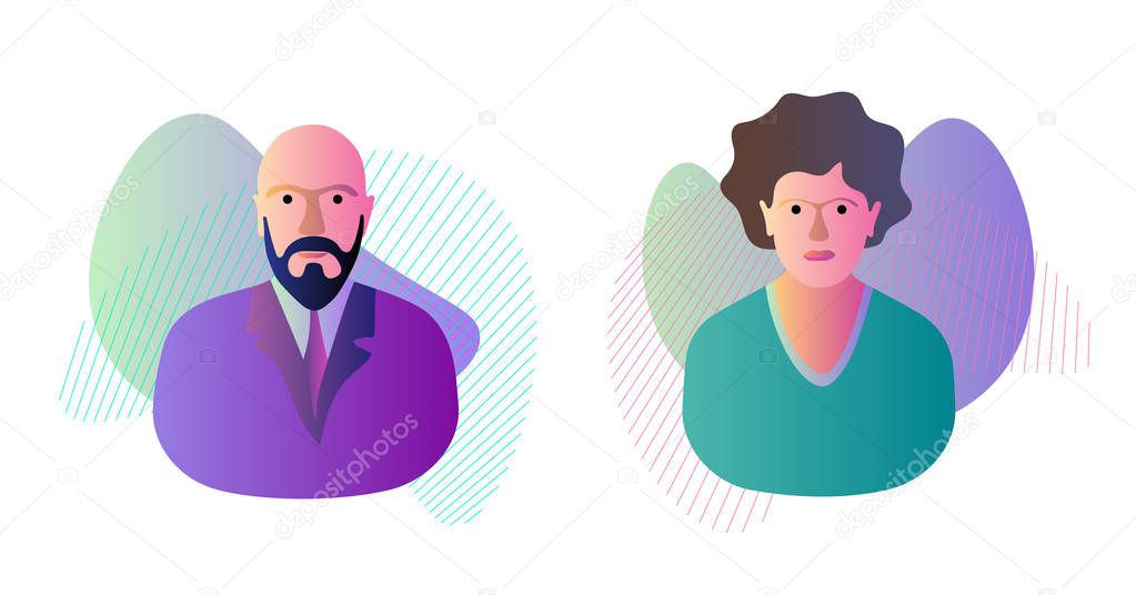 Man woman on dynamic modern liquid element graphic gradient flat style design fluid vector colorful illustration simple abstract shapes. Couple husband wife vector isolated