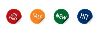 Satılık yuvarlak rozetleri çıkartmaları izole vektör ayarla renkli yeni sıcak fiyat vurmak