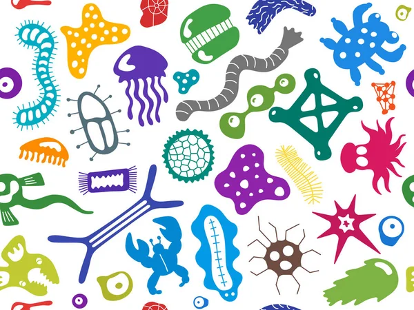 Diversos microorganismos patrón sin costura. Fondo con gérmenes infecciosos, protistas, microbios, bacterias causantes de enfermedades, virus. Plancton de biodiversidad. Ilustración vectorial colorida — Archivo Imágenes Vectoriales