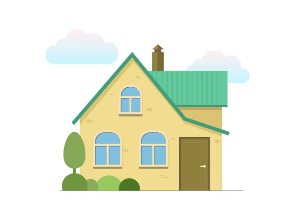 Huis met bomen en struiken. Gele bakstenen muur, groene dak housetop. Platte ontwerp het platform vectorillustratie geïsoleerd — Stockvector