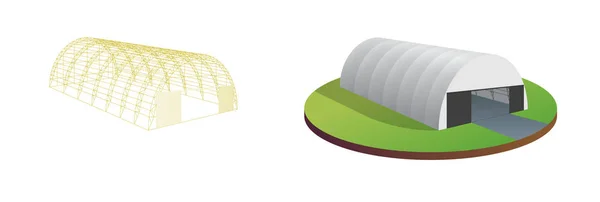 Auvent tente bâche entrepôt temporaire hall d'exposition tunnel hangar d'avion. Bâtiment de grange en fil métallique. Cadre tranché. Illustration isométrique vectorielle — Image vectorielle
