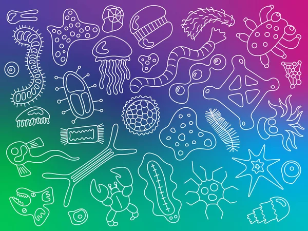Verschiedene Mikroorganismen auf farbenfrohem Gradienten-Hintergrundmuster. Hintergrund sind infektiöse Keime, Protisten, Mikroben, krankmachende Bakterien, Viren. Biodiversitätsplankton. Vektorillustration — Stockvektor