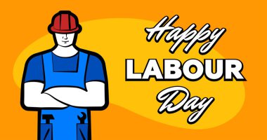 Kırmızı miğfer ve yazıtlı işçi günü kutlu olsun. Tebrik kartı atabilirim. Poster veya afiş vektör illüstrasyonu