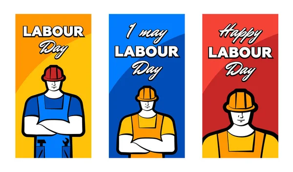 Ouvrier en casque de construction et inscription Joyeuse journée du travail. 1 mai jeu de cartes de vœux. Illustration vectorielle d'affiche ou de bannière — Image vectorielle