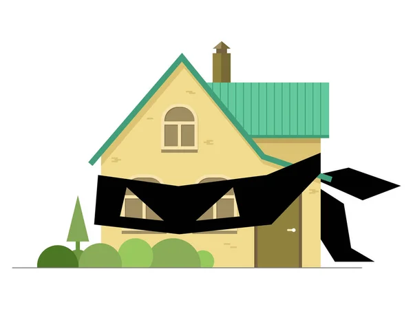 Haus mit schwarzem Verbandskasten mit verbundenen Augen maskierte Räuber Symbolbetrug. Gefährlicher Immobilienhandel. Vektor Illustration Cartoon-Stil — Stockvektor