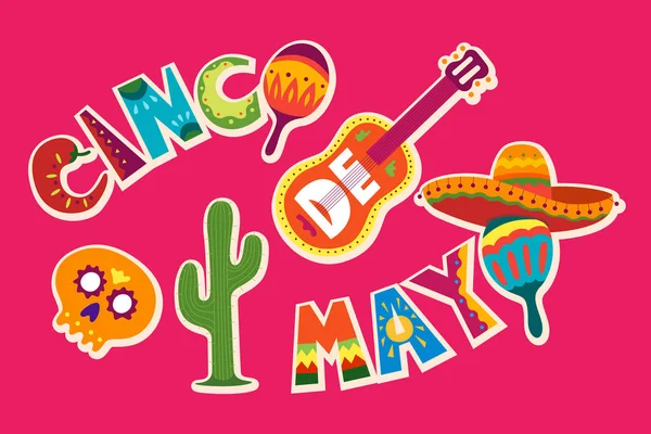 Cinco de mayo in Mexiko. 5. Mai, Lateinamerika-Urlaub. bunt, detailliert, viele Objekte Hintergrund. Vektorschablone mit traditionellen mexikanischen Symbolen Totenkopf, Gitarre, Blumen, roter Pfeffer — Stockvektor