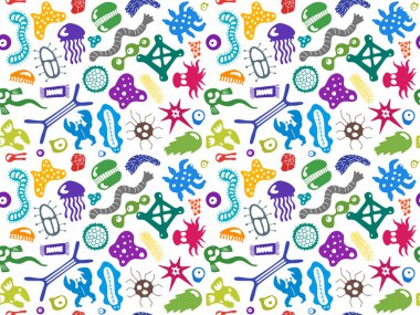 Various microorganisms seamless pattern. Backdrop with infectious germs, protists, microbes, disease causing bacteria, viruses. Biodiversity plankton. Colorful vector illustration clipart