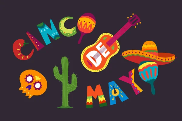 Cinco de Mayo au Mexique. 5 mai, vacances en Amérique latine. Coloré, détaillé, beaucoup d'objets de fond. Modèle vectoriel avec symboles mexicains traditionnels crâne, guitare, fleurs, poivron rouge — Image vectorielle