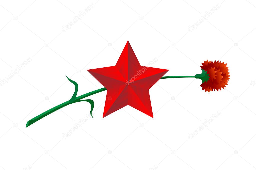 May 9 Russian holiday Great Victory day. Big red star and carnation. Symbol of victory Soviet Union over Nazi Germany in World War II. Vector illustration gift card