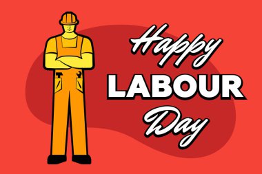 Sarı inşaat kask ve yazıt işçi adam mutlu işgücü günü. 1 tebrik kartı olabilir. Poster veya afiş vektör illüstrasyon