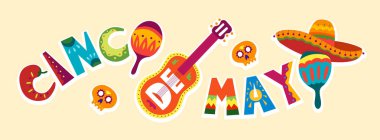 Meksika'da Cinco de Mayo. 5 Mayıs, Latin Amerika tatili. Renkli, ayrıntılı, nesnelerin arka plan çok. Geleneksel Meksika sembolleri kafatası, gitar, çiçek, kırmızı biber ile Vektör şablonu
