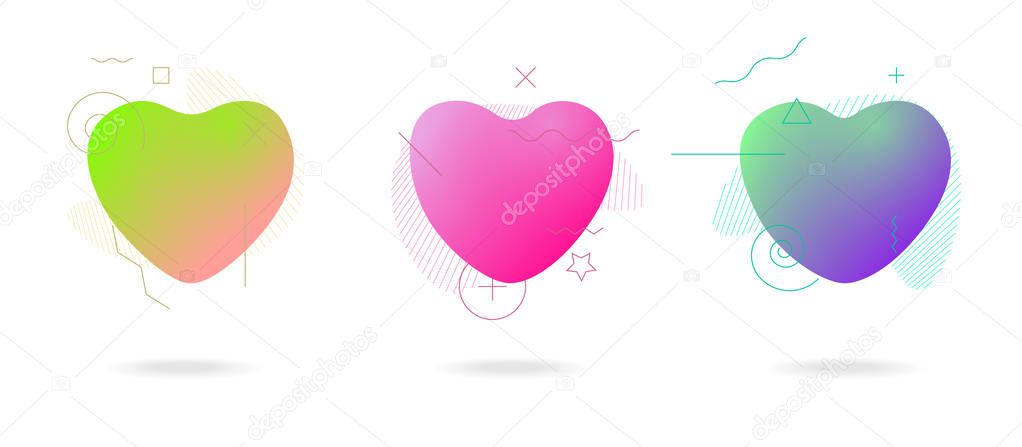 Liquid color abstract geometric form love heart shapes set. Fluid modern plastic abstract colorful banners. Dynamic color composition. Vector greeting gradient banners card illustration