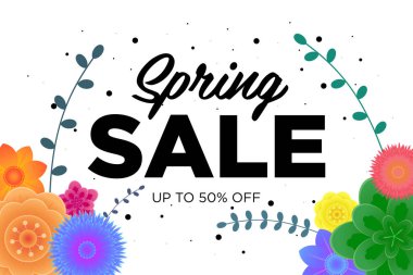 Bahar satış güzel renkli çiçek ile promosyon afiş sunuyoruz. Özel indirimler mockup. Promosyonlar, dergiler, reklamlar, web siteleri için poster. Vektör karşılama illüstrasyon şablonu