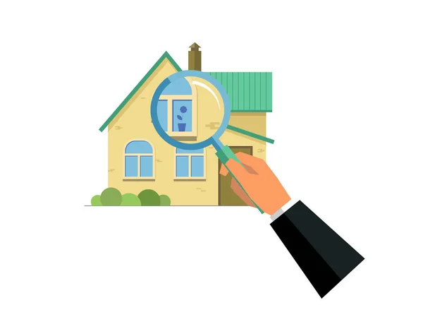 Mänsklig hand som håller förstoringsglas med hus, hem urval, fastighetsprojekt, fastigheter som kontrolleras koncept, platt stil illustration — Stock vektor