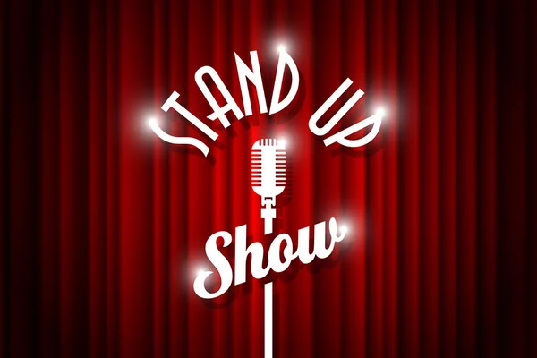 Boş tiyatro sahnesinde komedi gece canlı gösterisi açık mikrofon stand up. Kırmızı perde arka planına karşı Vintage mikrofon. Retro vektör sanat resim illüstrasyon