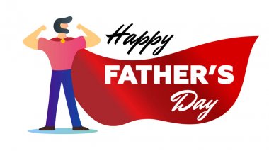 Mutlu Babalar Günü tatil sakal gösterisi kolları pazı kasları ile güçlü baba kırmızı pelerin süper kahraman gibi. Vektör illüstrasyon modern düz konsept tasarım kartı