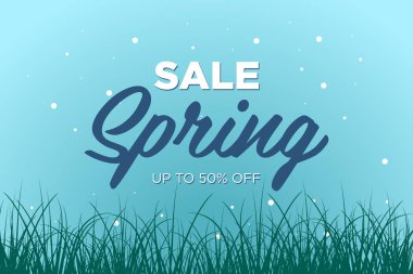Bahar satış güzel çim ile promosyon afiş sunuyoruz. Özel indirimler mockup. Promosyonlar, dergiler, reklamlar, web siteleri için poster. Vektör karşılama illüstrasyon şablonu