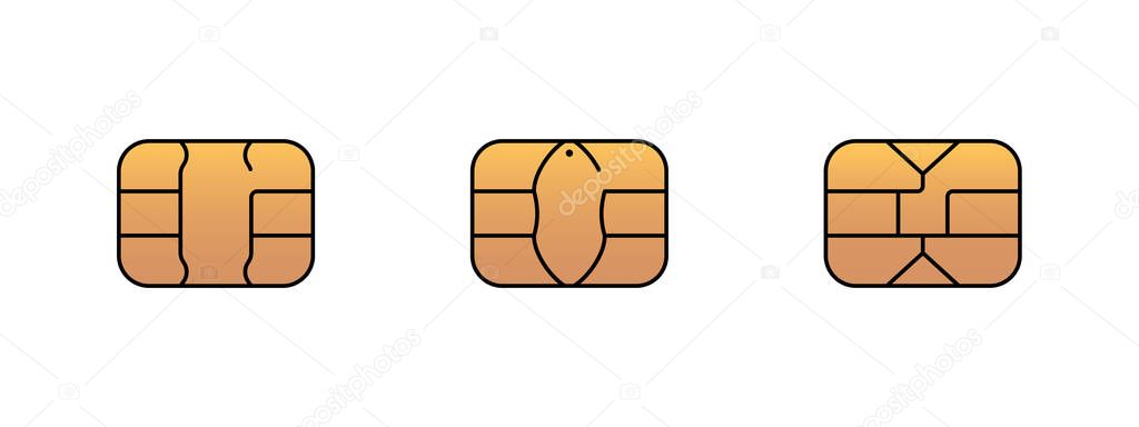 EMV gold chip icon for bank plastic credit or debit charge card. Vector symbol illustration