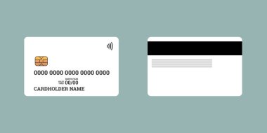 Banka plastik kredi veya banka temassız akıllı şarj kartı ön ve arka emv çip ve manyetik şerit ile. Boş tasarım şablonu mockup. Vektör beyaz illüstrasyon